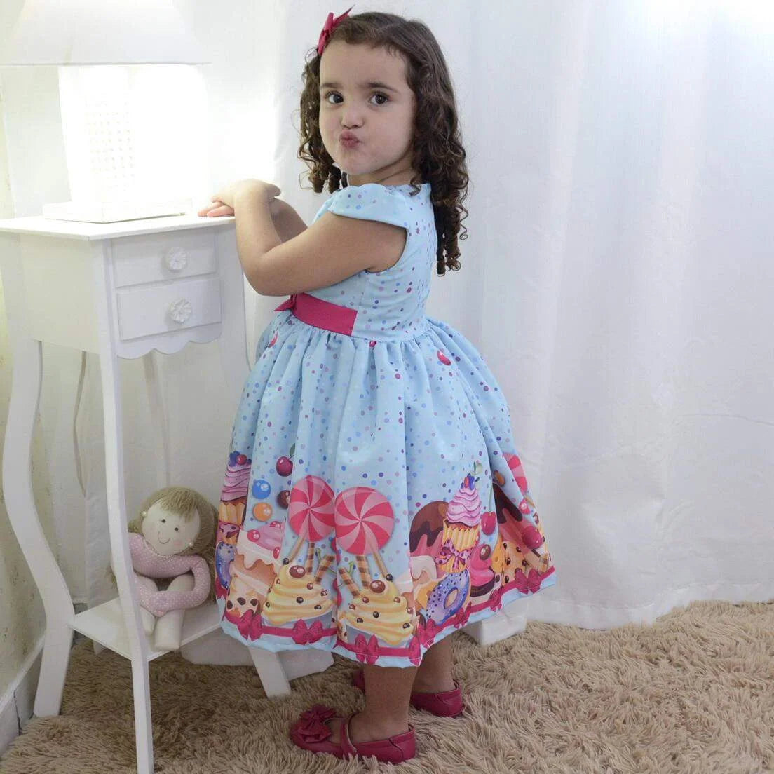 Girl's blue dress with cupcake, cakes and candy, birthday party 9 US numeric