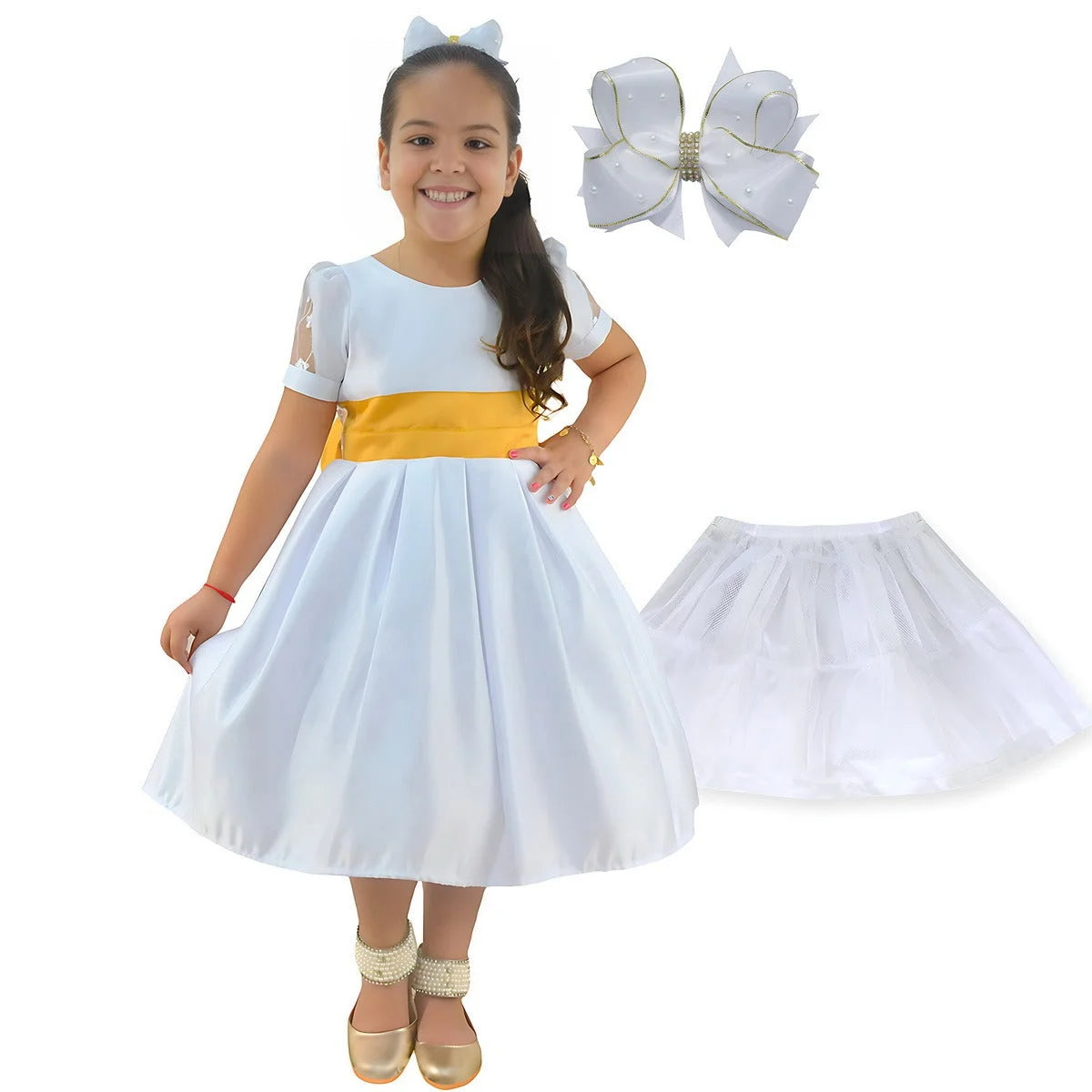 Kids White Dress with Gold Details + Hair Ribbon + Tutu Skirt 8 US numeric Kids White Dress with Gold Details + Hair Ribbon + Tutu Skirt 8 US numeric
