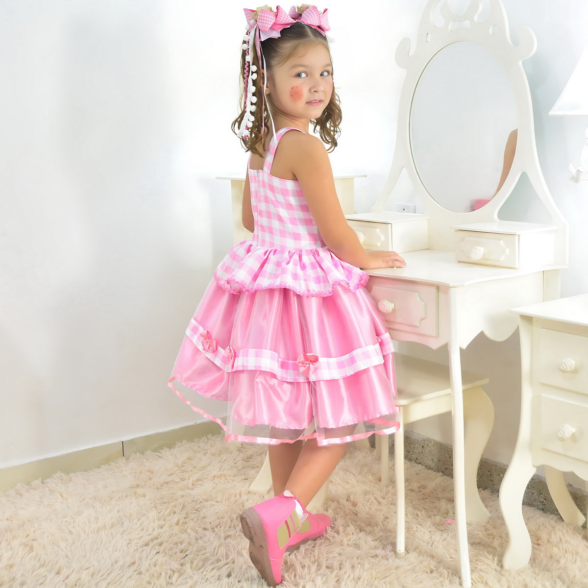 Barbie Pink Plaid Girls Farm Dress Cowgirl