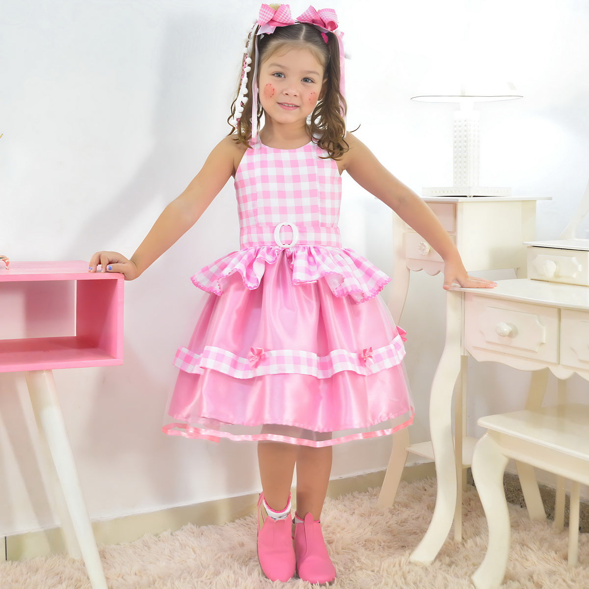 barbie pink checked dress Barbie Pink and White Gingham Plaid Dress, Margot Robbie Movie 6 Piece  Outfit for Adult Halloween Costume