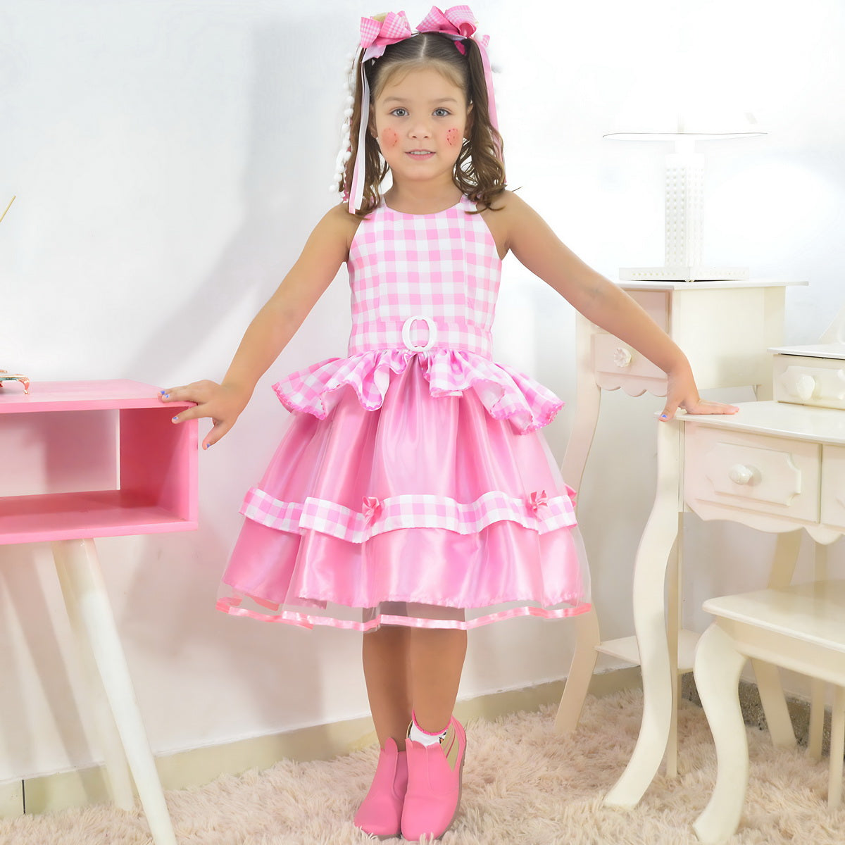 Barbie Pink Plaid Girls Farm Dress Cowgirl