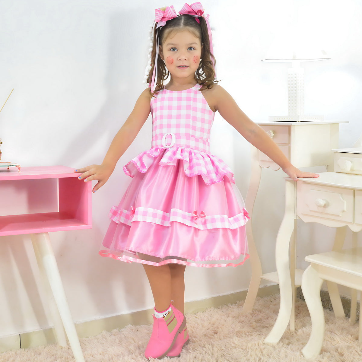 Barbie Pink Plaid Girls Farm Dress Cowgirl