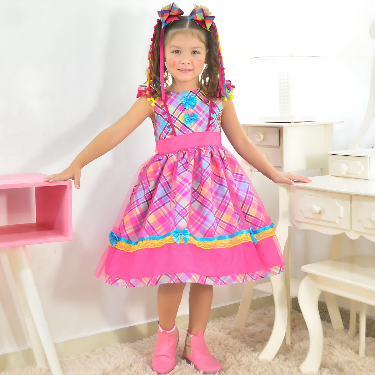 Pink Plaid Girls Farm Dress Cowgirl + 2 Bows 12-18 months US numeric