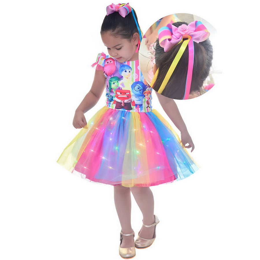 Inside Out 2 Mini Fashionista Dress - Colorful Tutu Skirt with LED + Hair Bow