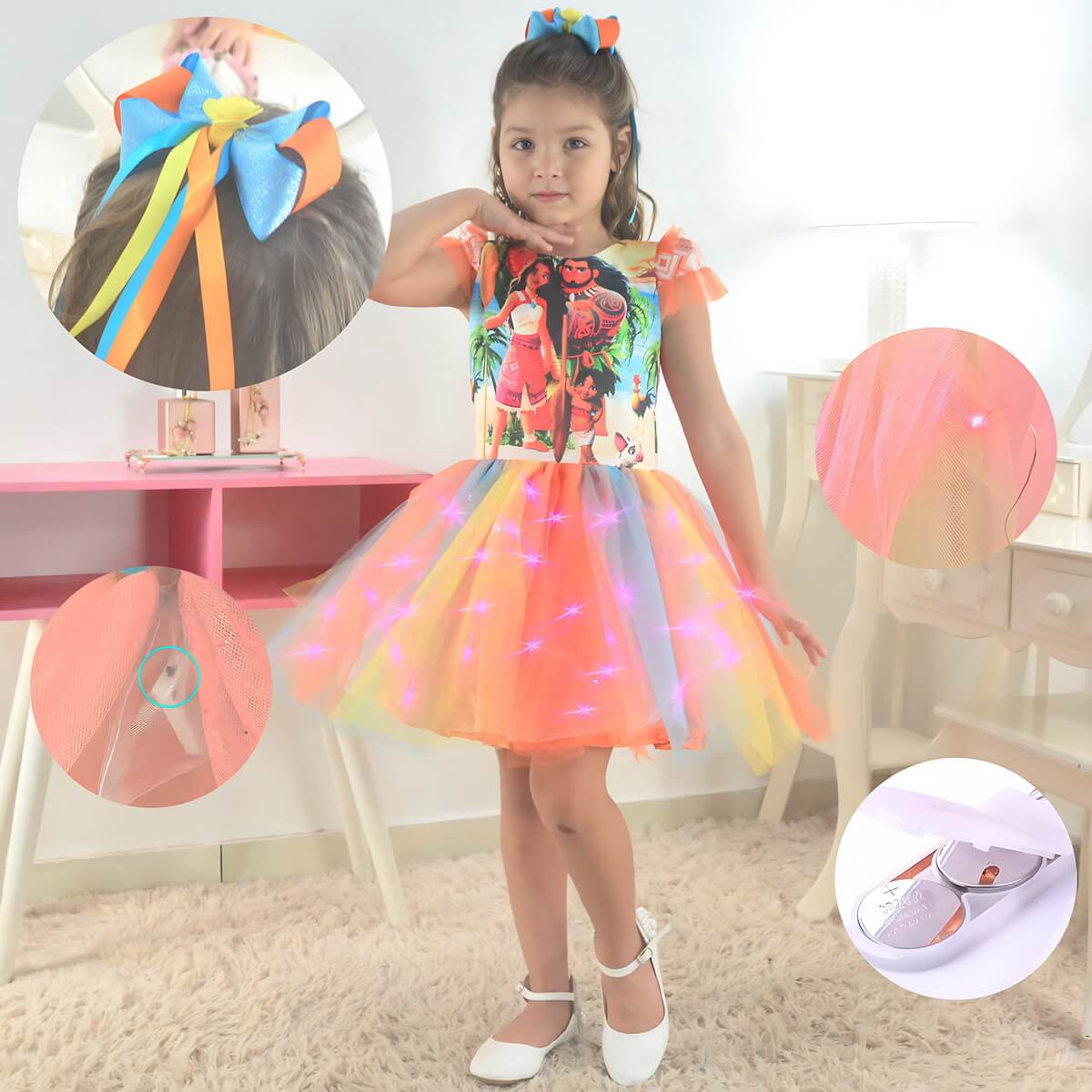 Moana 2 Skirt Colorful Tutu Dress with LED + Elegant Hair Ornament –  Moderna Meninas