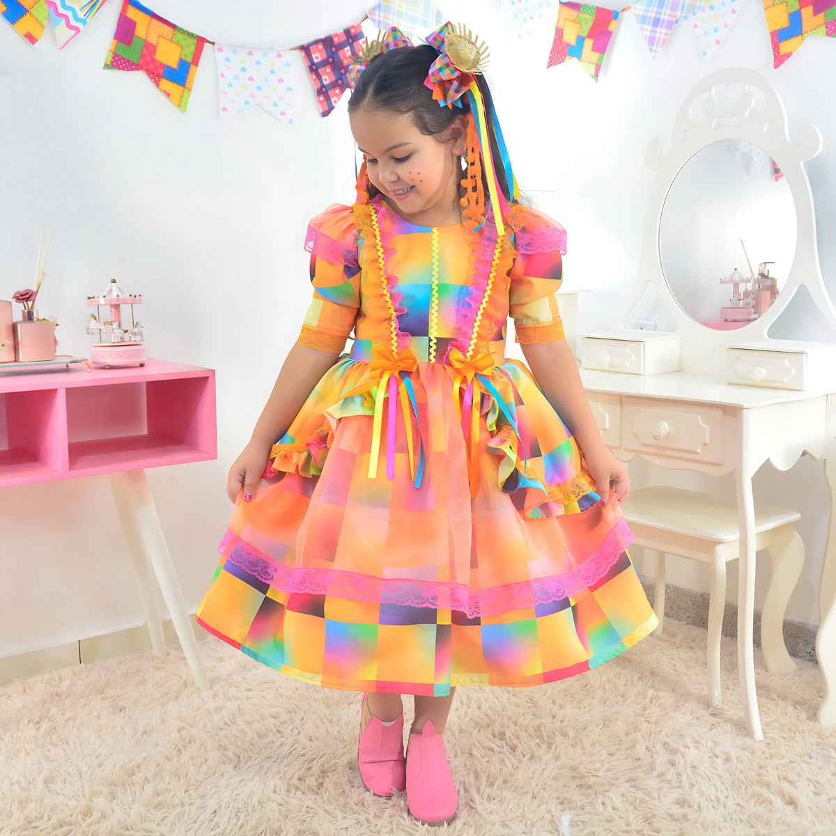 Girls Farm Dress Cowgirl Orange Plaid Luxurious + 2 Hair Bow 9 US Numeric