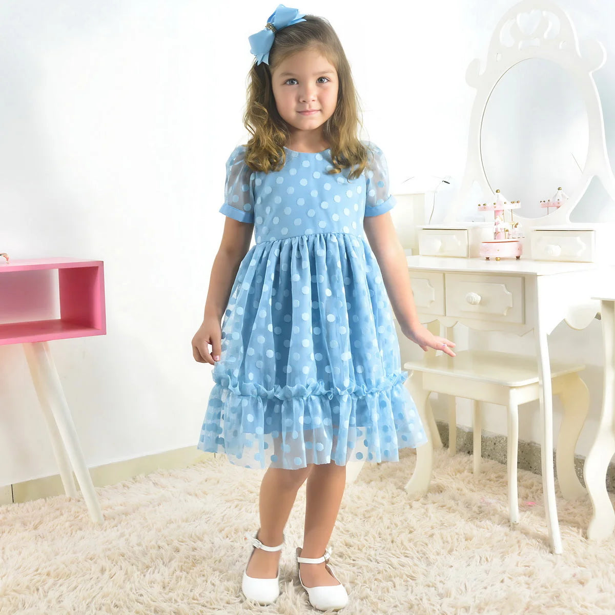 Blue Children's Tulle Polka Dot Dress