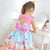 Children’s Pink Dress With Floral Blue Skirt And Birds + Hair Bow - Dress
