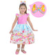 Children's Pink Dress With Floral Blue Skirt And Birds + Hair Bow