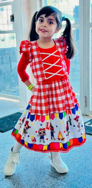 Customer photo - girl wearing Girl's dress Lol surprise doll June farm dance quadrille chess red, birthday party