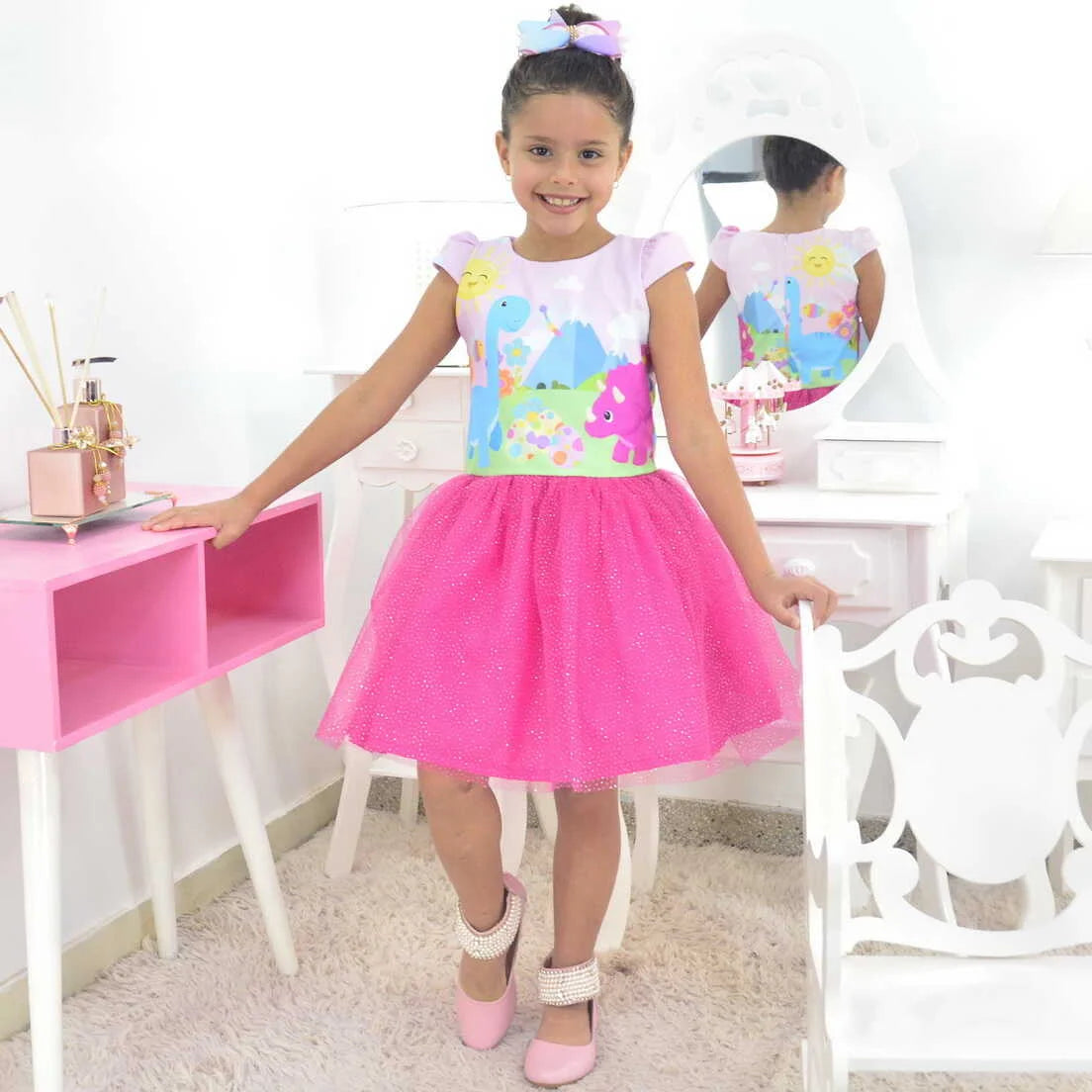 Vestidos de Dinosaurios con Falda Rosa Ropa de Cumpleanos para Bebe y Nina Tutu