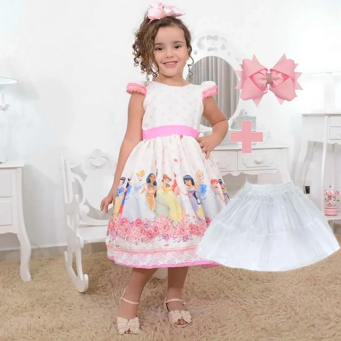 Disney Princess Theme Dress + Hair Bow + Girl Petticoat, Clothing Birthday 6 US numeric