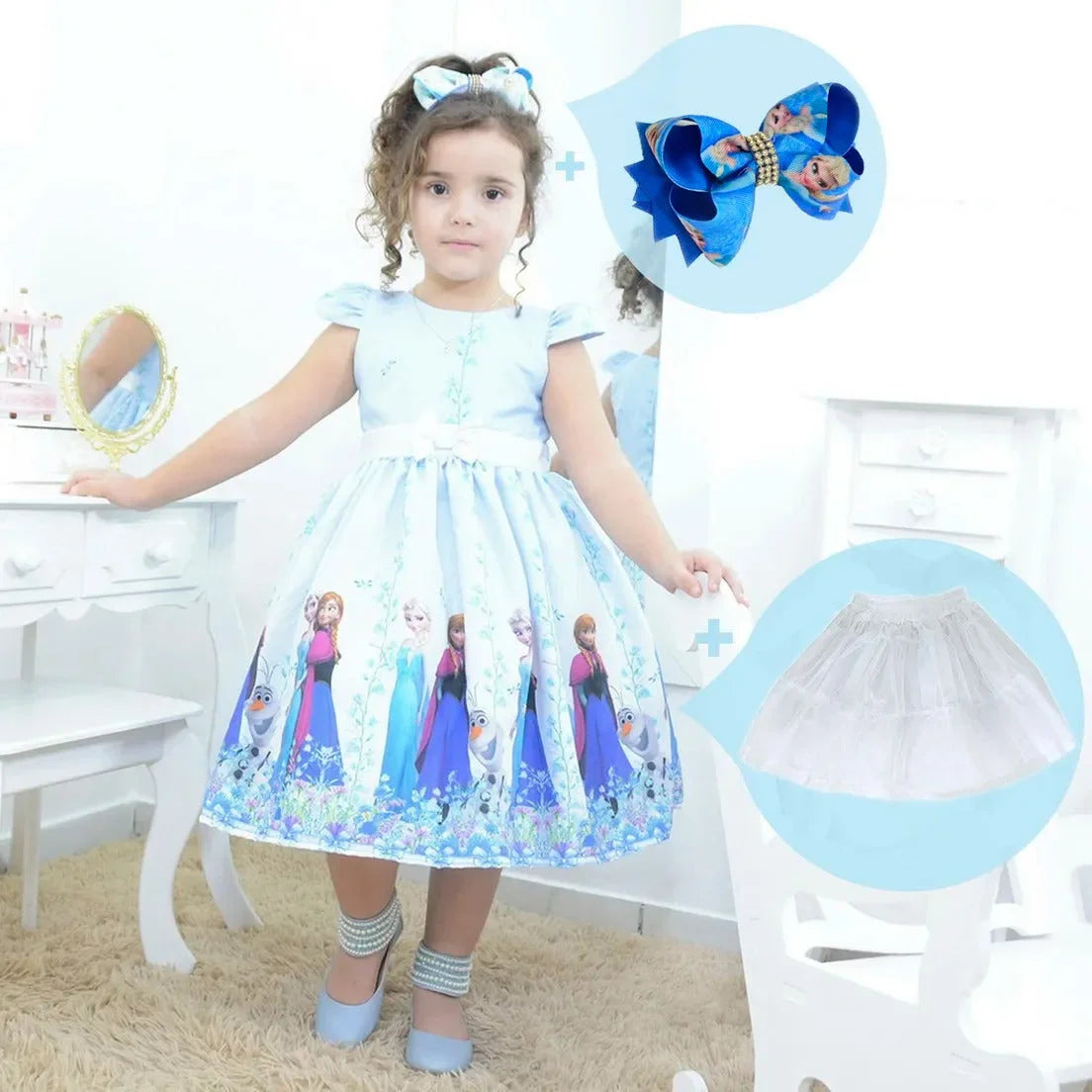 Vestido Elsa y Anna Frozen azul con blanco+ Lazo para el pelo Enagua niña, Ropa Cumpleaños