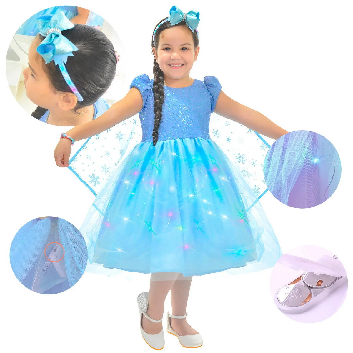 Elsa Dress With Led Cape And Twinkling Tiara - Frozen Costume 6 US numeric Elsa Dress With Led Cape And Twinkling Tiara - Frozen Costume 6 US numeric
