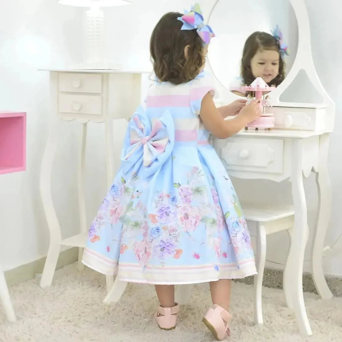 Girl Formal Dress Striped Bust and Floral Skirt + Hair Bow + Girl Petticoat, Clothes Birthday Party 7 US Numeric