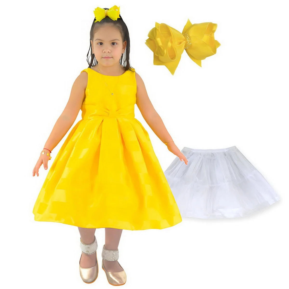 Girl Yellow Dress Gold: Wedding or Graduation + Hair Bow 3T US numeric