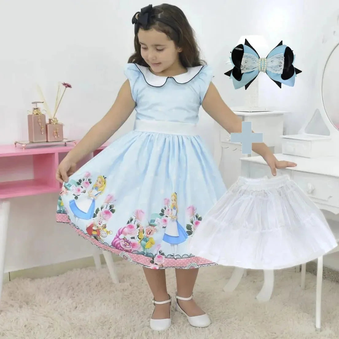 Girl s Alice In Wonderland dress Hair Bow Girl Petticoat Clothes Birthday Party