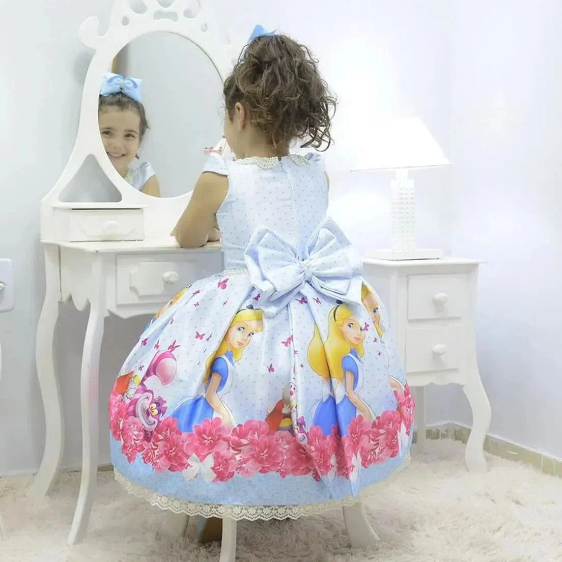 Girl's Alice in Wonderland Dress with Pearl Embroidery, Birthday Party + Hair Bow + Girl Petticoat, Birthday Baby Girl 10 US Numeric