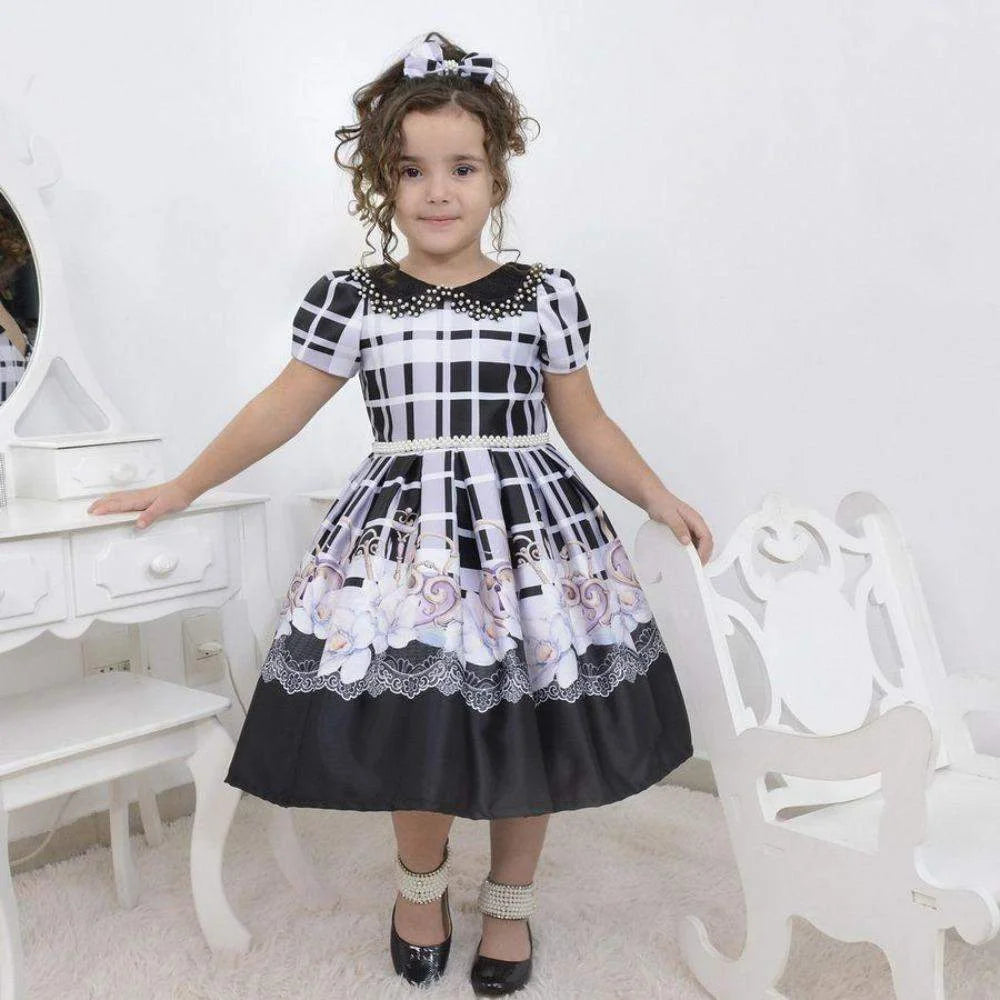 Girl's Black Floral Dress with Pearl Embroidery