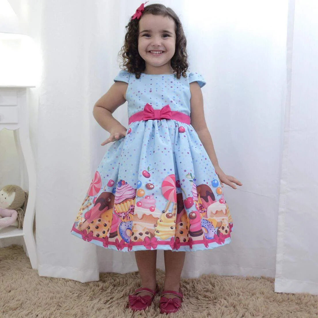 Girl's Blue Dress with Cupcake, Cakes and Candy, Birthday Party 9 US Numeric Girl's Blue Dress with Cupcake, Cakes and Candy, Birthday Party 9 US Numeric