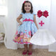 Girl's blue dress with cupcake, cakes and candy + Hair Bow + Girl Petticoat, Birthday Baby Girl