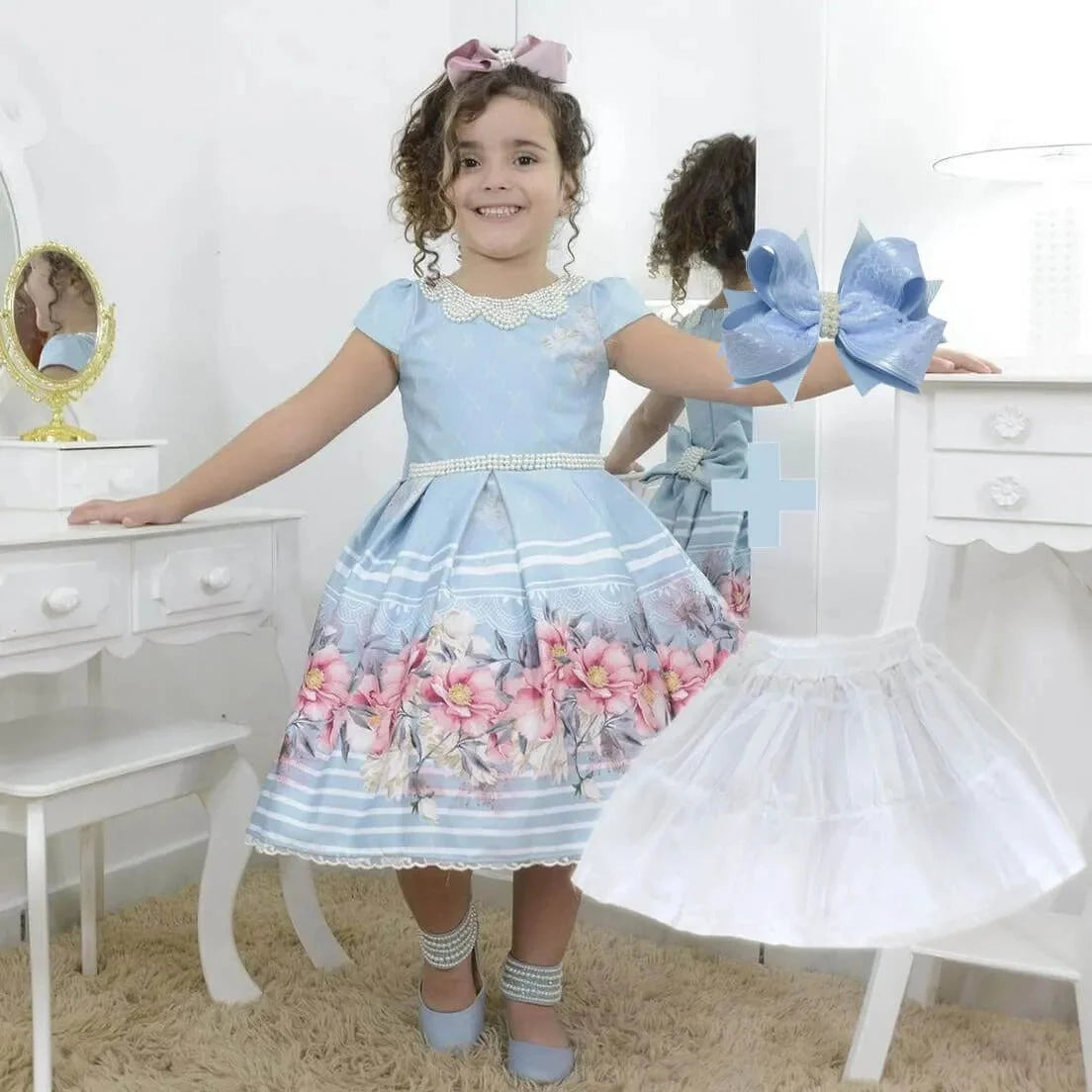 Girl's blue dress floral with pearls embroidery + Hair Bow + Girl Petticoat, Birthday Baby Girl 10 US numeric Girl's blue dress floral with pearls embroidery + Hair Bow + Girl Petticoat, Birthday Baby Girl 10 US numeric