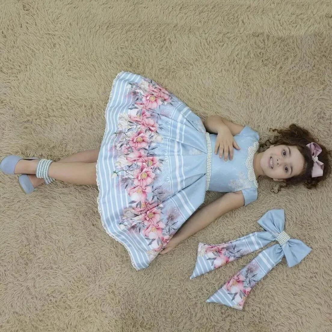 Girl's blue dress floral with pearls embroidery + Hair Bow + Girl Petticoat, Birthday Baby Girl 10 US numeric