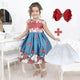 Girl's blue floral dress with red and bow embroidered in pearls + Hair Bow + Girl Petticoat, Clothes Birthday Party