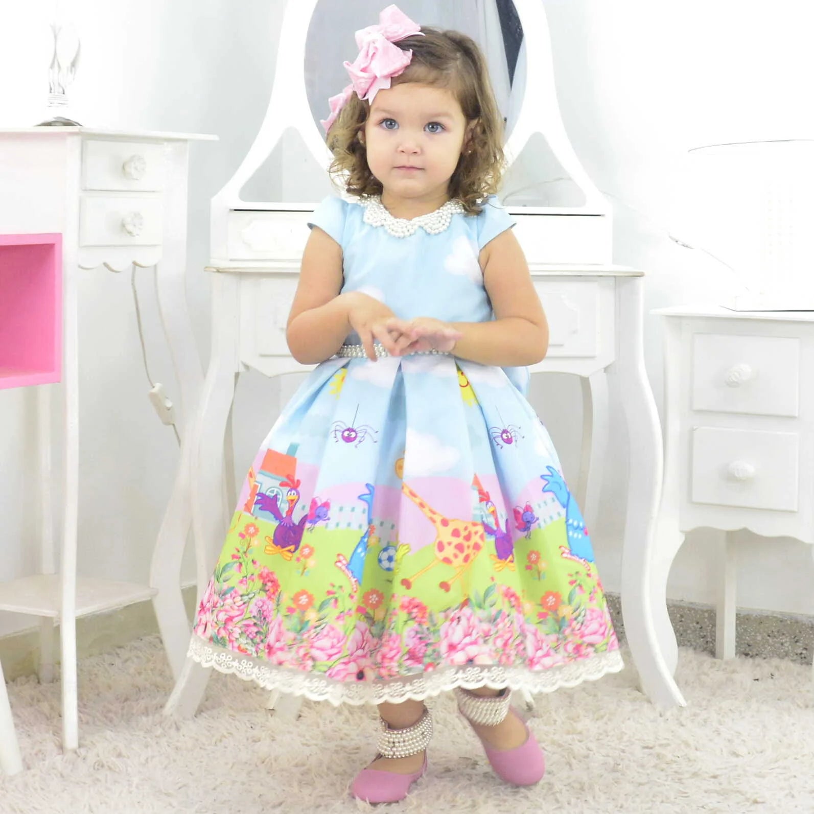 pink chicken birthday dress Girl's blue luxury dress Lottie Dottie Chicken, birthday party 18-24 months US numeric