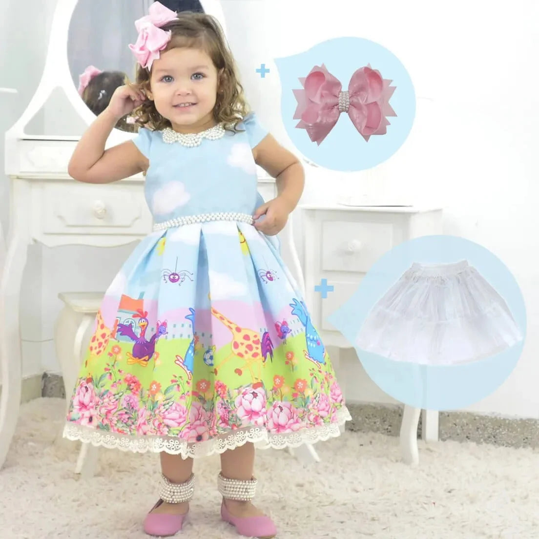 Girl's blue luxury dress Lottie Dottie Chicken + Hair Bow + Girl Petticoat, Clothes Birthday Party 9 US numeric