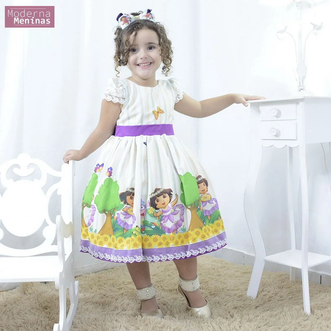 Superluxury Girls Dress Dora the Explorer Theme Party 100 Cotton Fine Finish. Perfect for Birthdays Moderna Meninas