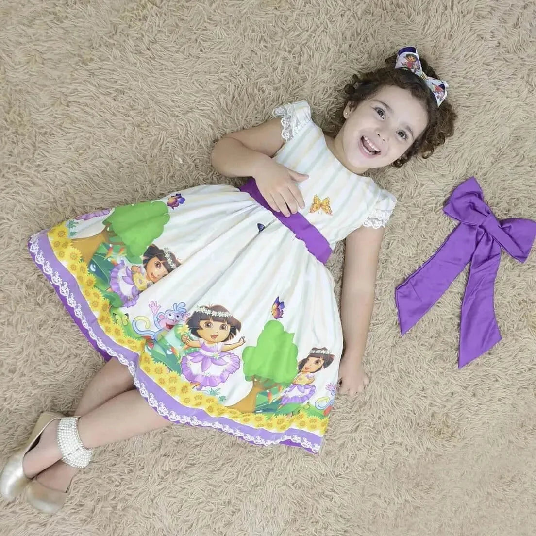 Vestido Niña Dora la Exploradora + Lazo + Enagua Niña, Ropa Fiesta  Cumpleaños