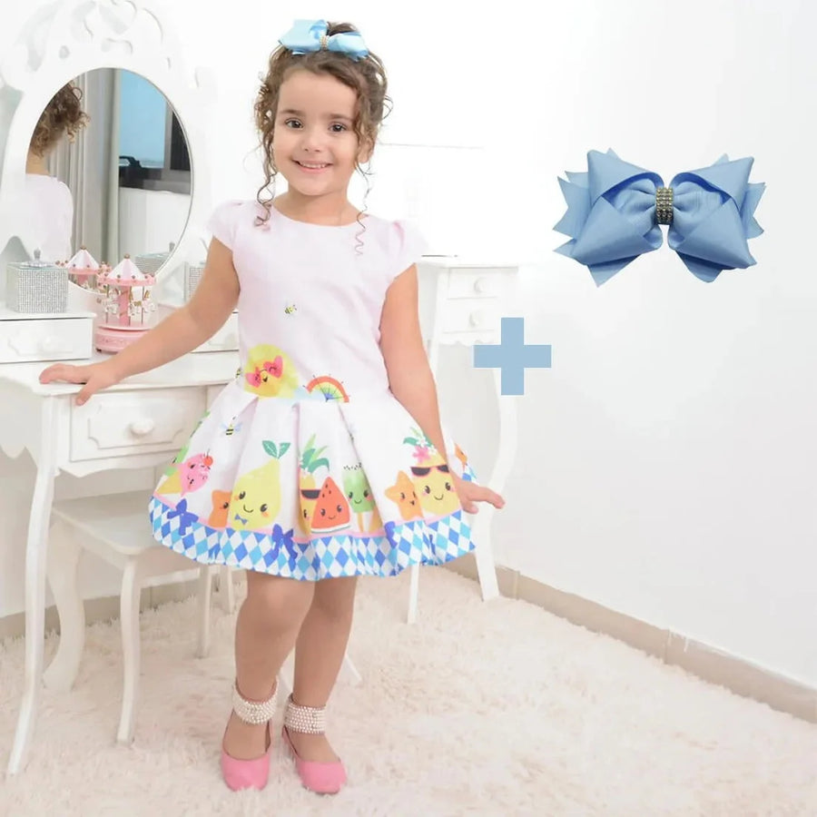 Girl's dress from fruits, bees and ice cream + Hair Bow 7 US numeric