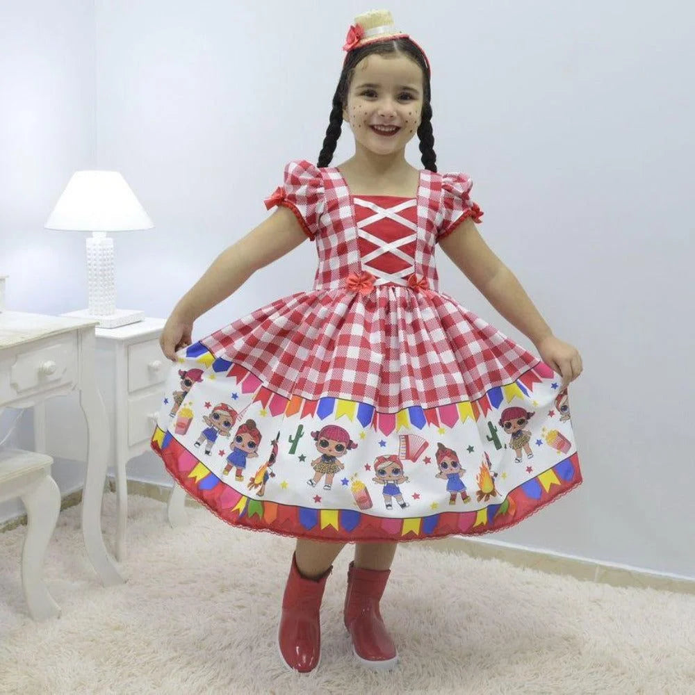 Girl's dress Lol surprise doll June farm dance quadrille chess red, birthday party 2T US numeric Girl's dress Lol surprise doll June farm dance quadrille chess red, birthday party 2T US numeric