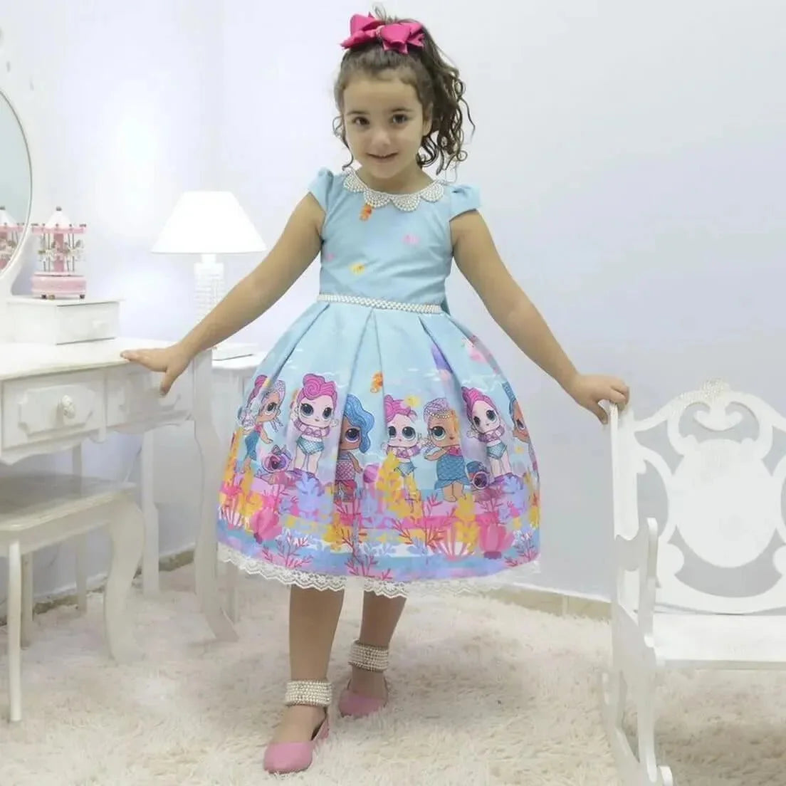 Girl's Dress Lol Surprise Doll Mermaid Splash Queen with Pearl + Hair Bow + Girl Petticoat, Clothes Birthday Party 5 US Numeric