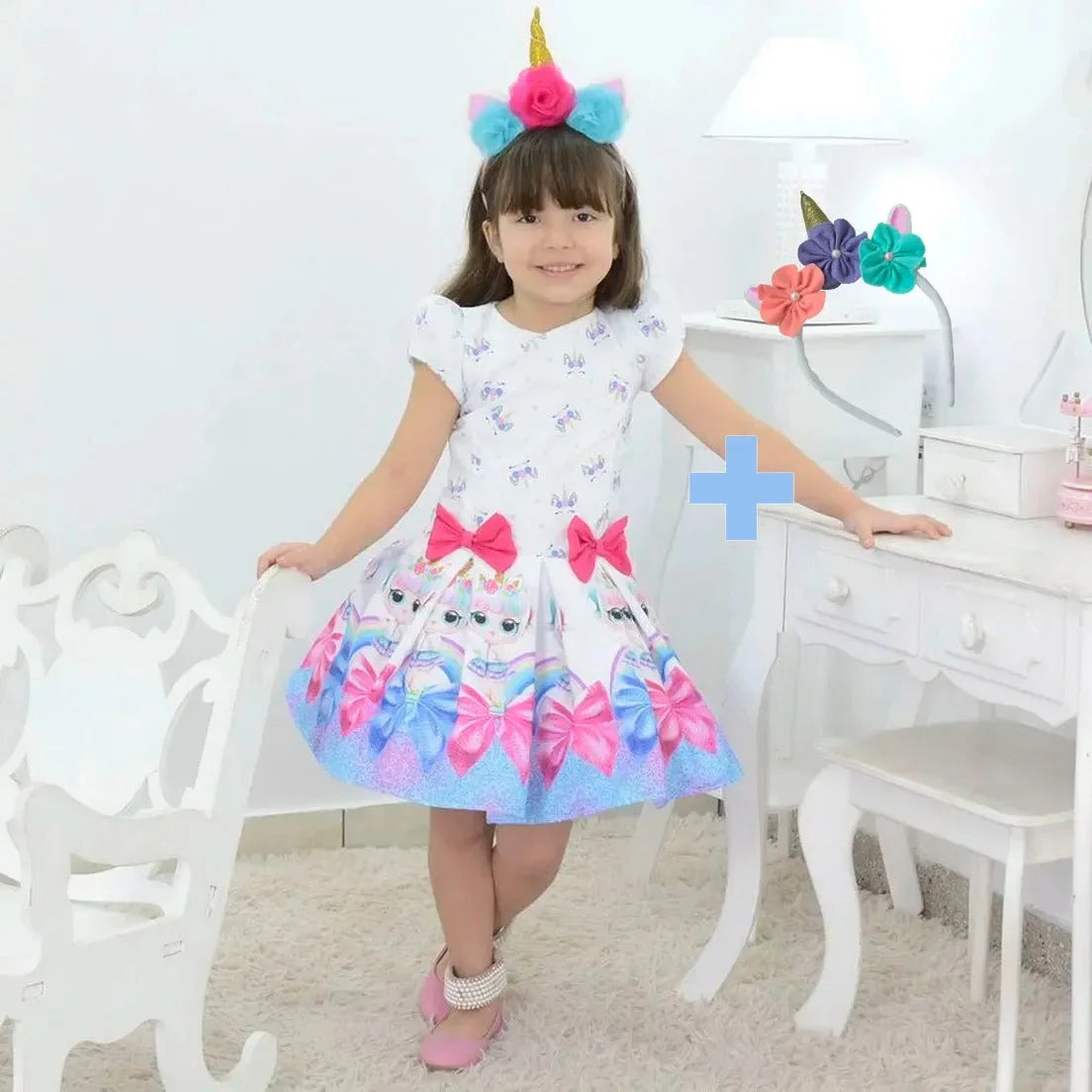 Girl's dress Lol Surprise Unicorn theme + Headband + Girl Petticoat, Birthday Baby Girl 7 US numeric
