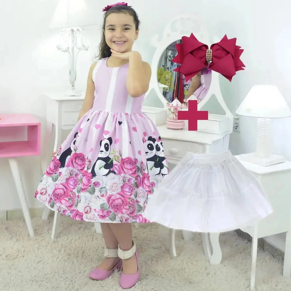 Adorable Girl s Panda Bear Dress Hair Bow Petticoat Perfect for Parties Birthdays Moderna Meninas