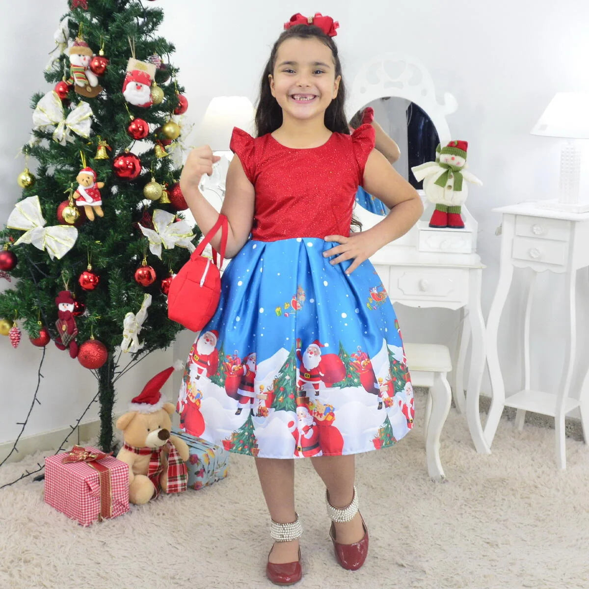 Girl's Dress Santa Claus with Red Glitter, Bag and Christmas Tree To Assemble 8 US numeric