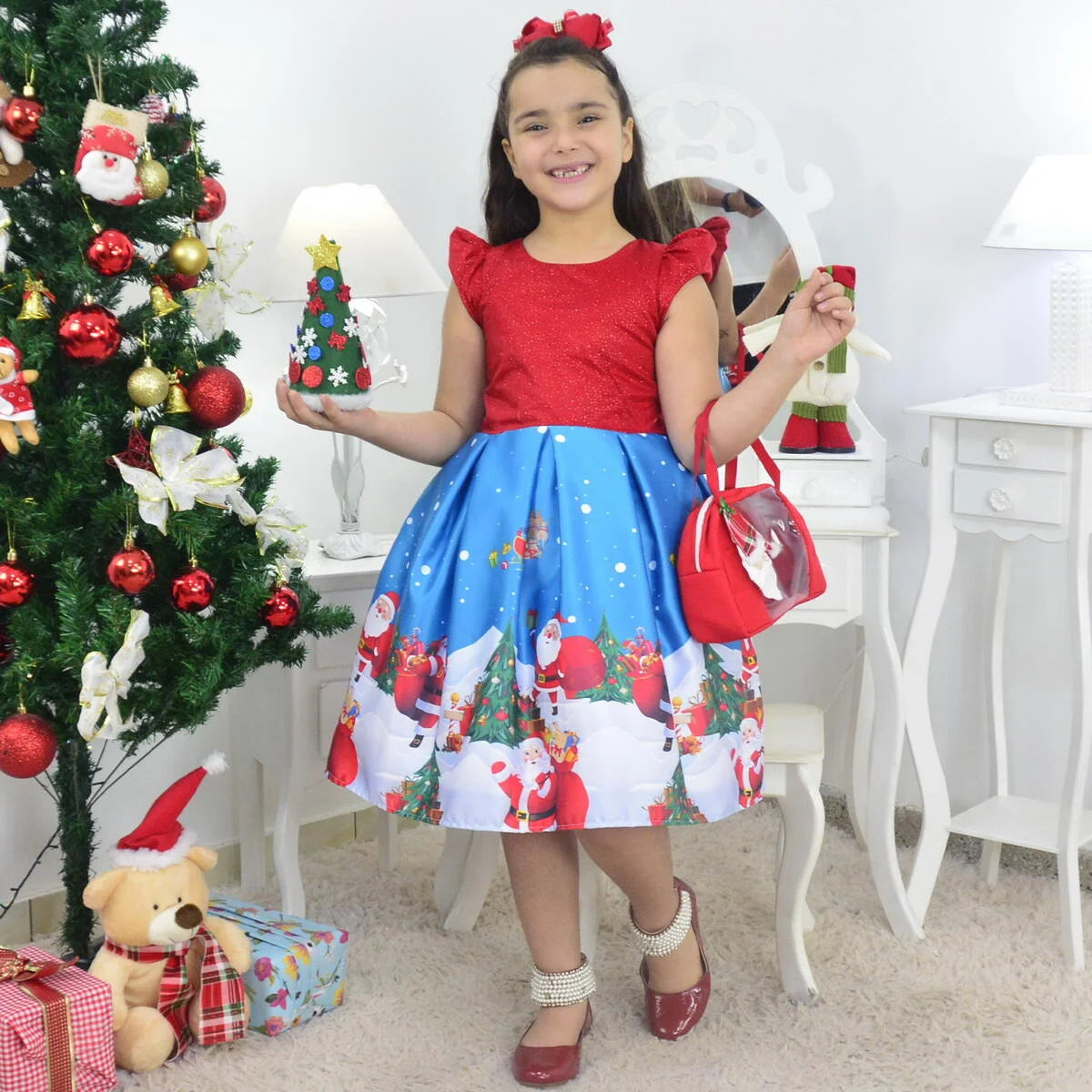Girl's Dress Santa Claus with Red Glitter, Bag and Christmas Tree To Assemble 8 US numeric