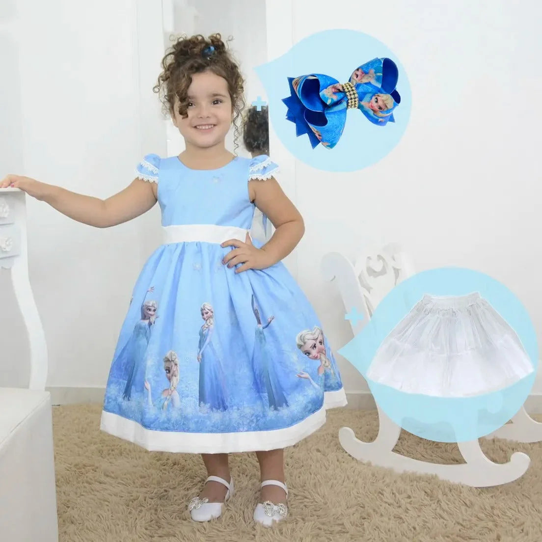Girl's dress snow Queen Elsa + Hair Bow + Girl Petticoat, Clothes Birthday Party 9 US numeric