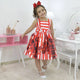 Girl's dress with white stripes and red flowers, formal party