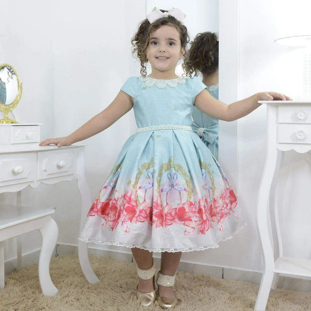 Luxurious Girl's Flamingo Dress & Flower Roses with Pearl Embroidery –  Moderna Meninas