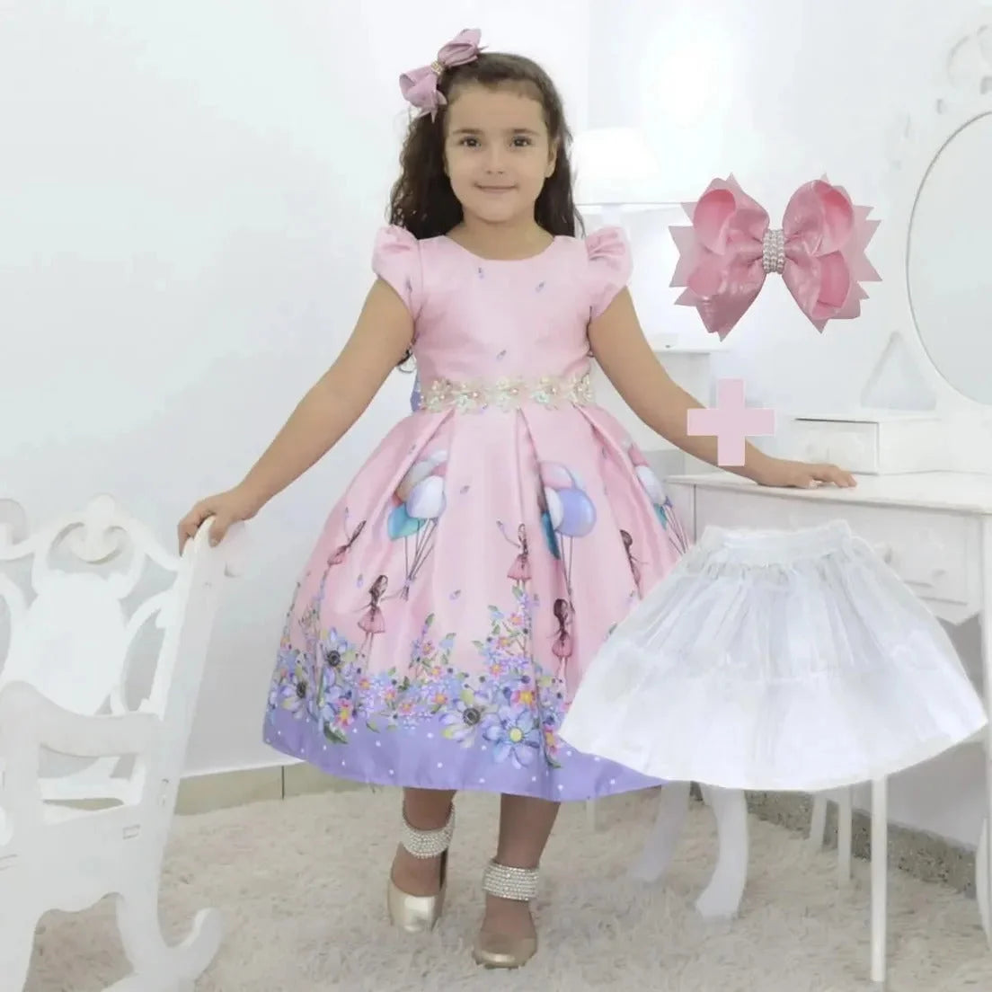 Girl's floral dress Pink themet Ballerina with Balloons in the Garden + Hair Bow + Girl Petticoat, Clothes Birthday Party 18-24 months US numeric