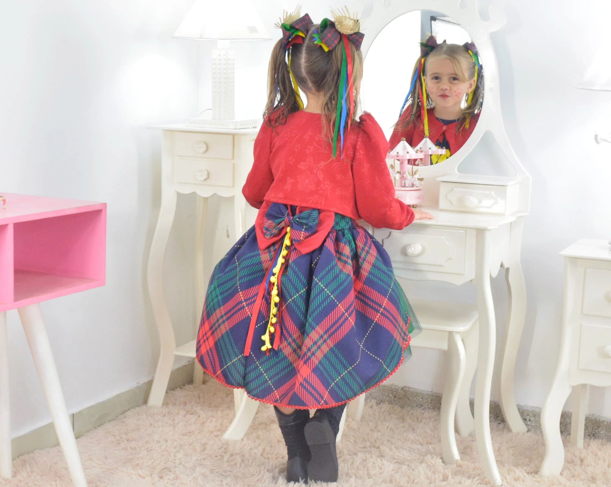 Girls' Junina Party Dress In Green Checkered Tulle with bolero 4T US numeric Girls' Junina Party Dress In Green Checkered Tulle with bolero 4T US numeric