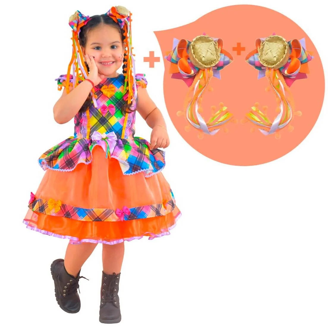 Girl's Junina Party Dress in Orange Neon Plaid Tulle + 2 Hair Bow 4T US Numeric