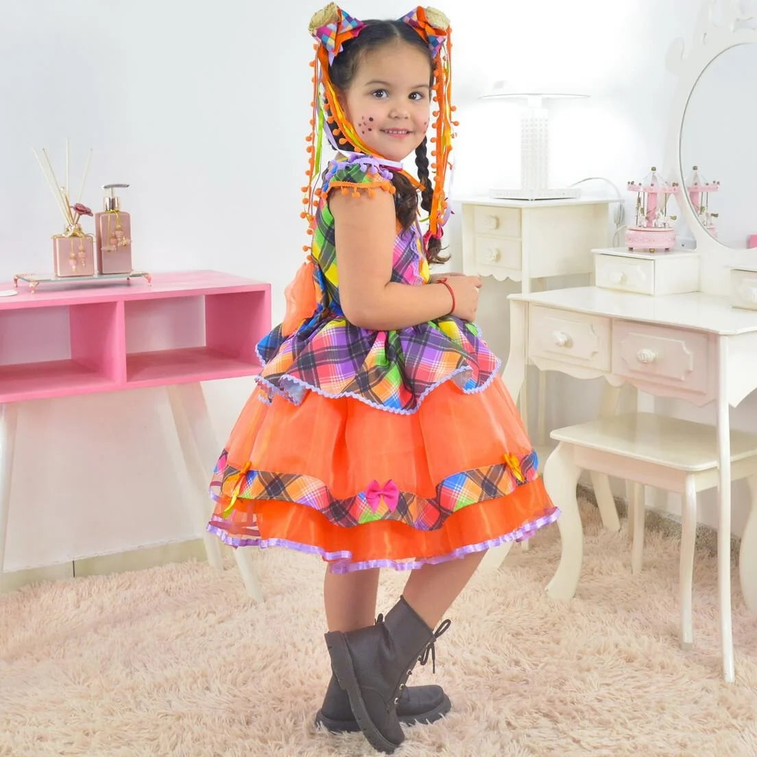 Girl's Junina Party Dress in Orange Neon Plaid Tulle 5 US Numeric