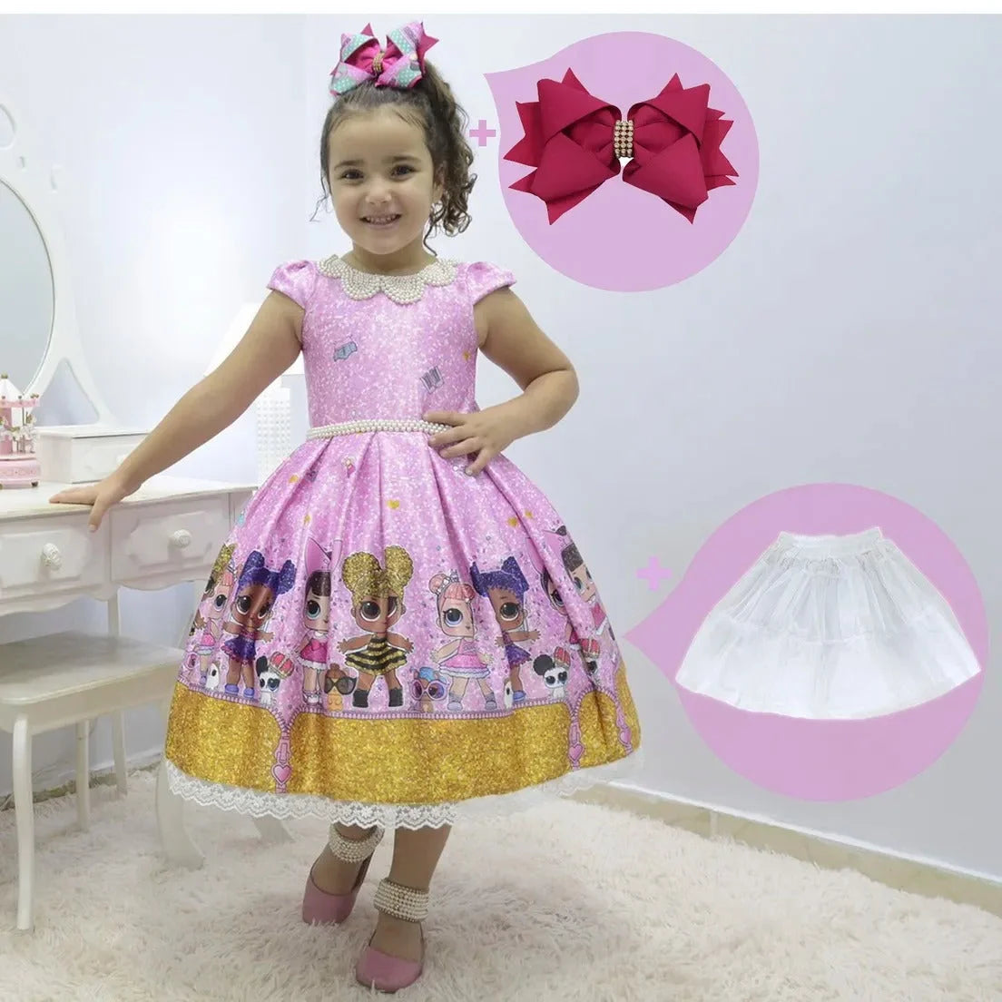 Girl's Lol Surprise Glitter Confetti Dress Pink + Hair Bow + Girl Petticoat, Birthday Baby Girl 5 US Numeric