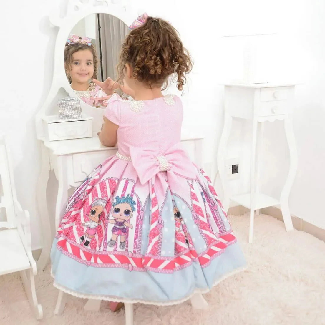 Girl's pink Lol Surprise dress with pearl embroidery+ Hair Bow + Girl Petticoat, Birthday Baby Girl 10 US numeric