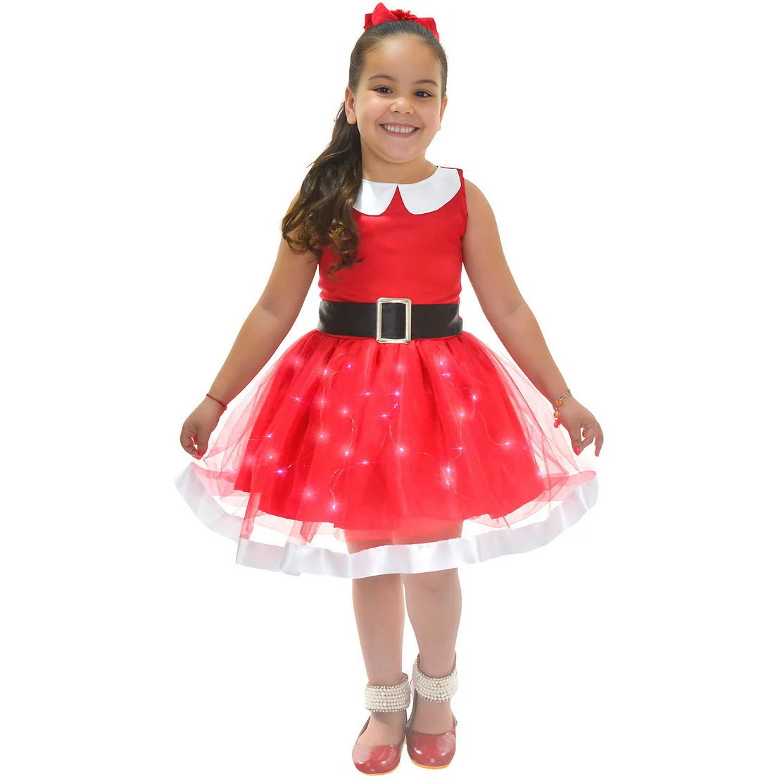Girl's Santa dress with LED lights + Hair Bow 3T US numeric