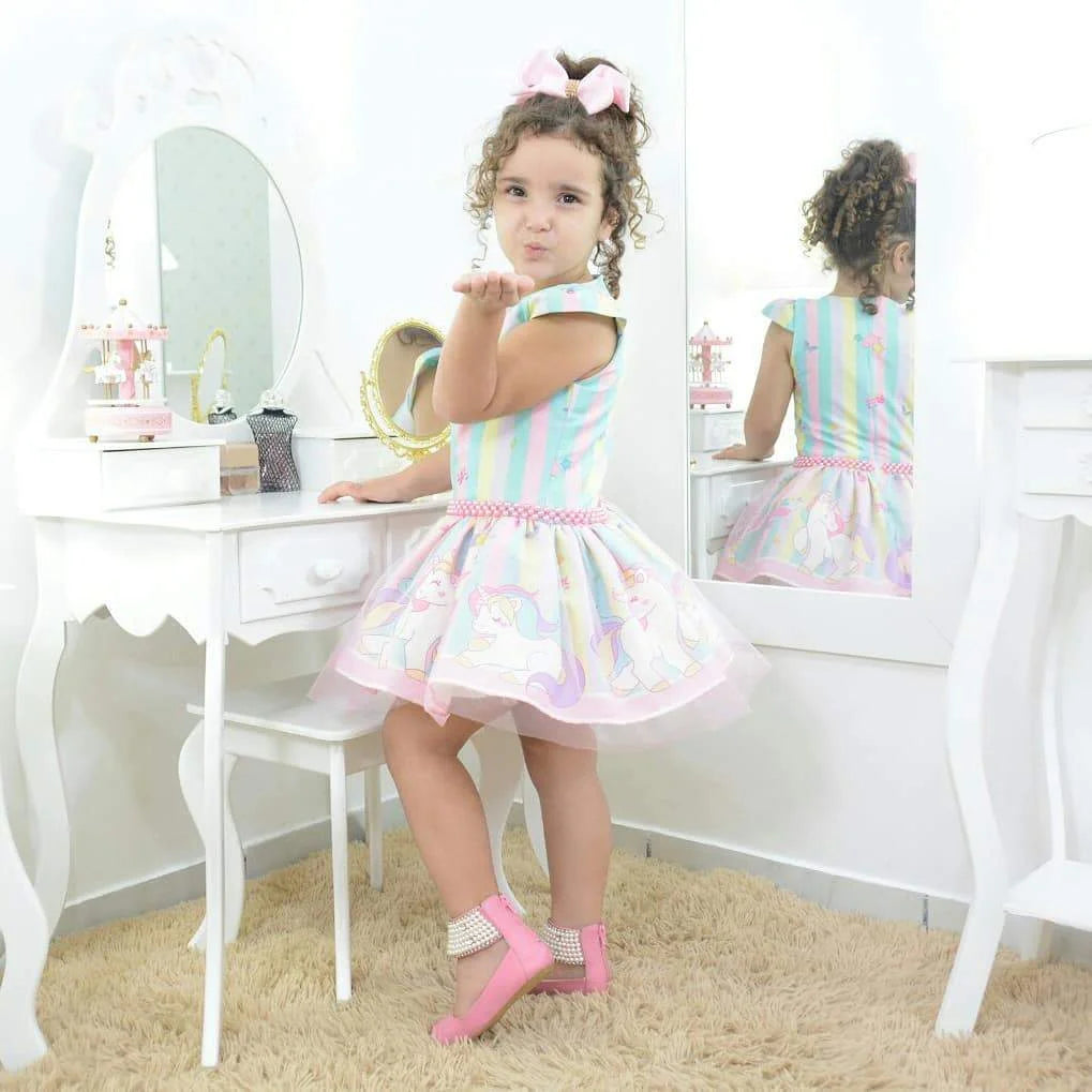 unicorn dress for birthday girl Girl's unicorn dress with pink tulle on the skirt, birthday party 6 US numeric